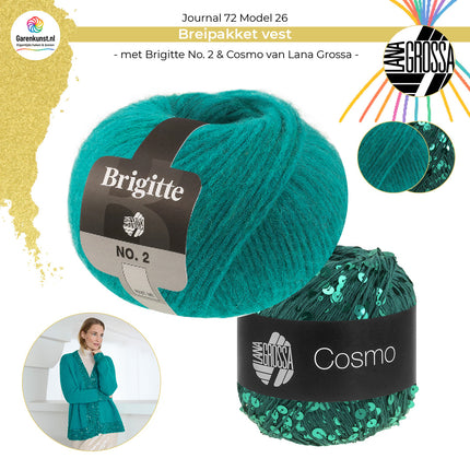 Bolletje garen combinatie Brigitte No. 2 kleur Blauwgroen en Cosmo kleur Opaalgroen garen voor vest Model 26 Journal 72 is de voorbeeldkleur van het magazine