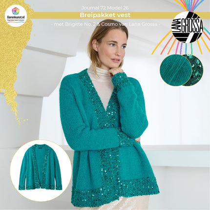 Brigitte No. 2 kleur Blauwgroen en Cosmo kleur Opaalgroen garen voor vest Model 26 Journal 72 is de voorbeeldkleur van het magazine