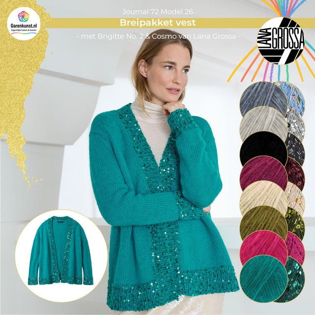 Breipakket vest Brigitte No. 2 & Cosmo van Lana Grossa bij Garenkunst.nl, Model 26 uit Journal 72, met alle beschikbare kleuropties