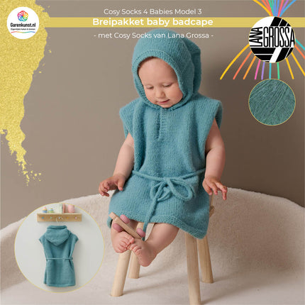Breipakket babycape met capuchon model 3 Cosy Socks 4 Babies van Lana Grossa in saliegroen