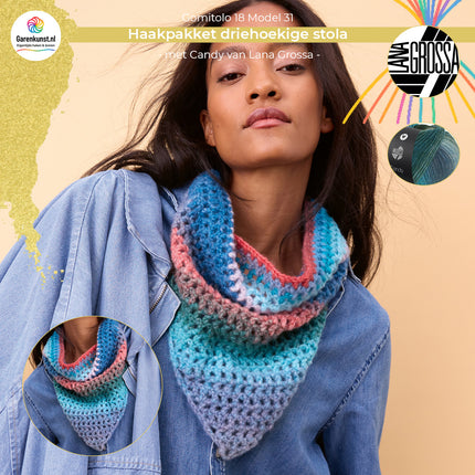 Haakpakket sjaaltje Candy kleur Roest-turquoisemix (2) van Lana Grossa bij Garenkunst.nl