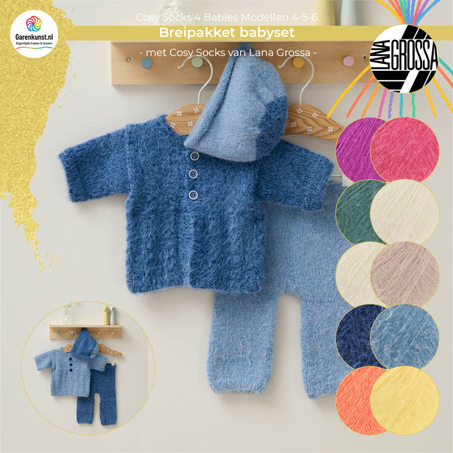 Breipakket babysetje muts, vest en broek Cosy Socks 4 Babies van Lana Grossa, beschikbaar in meerdere kleurcombinaties