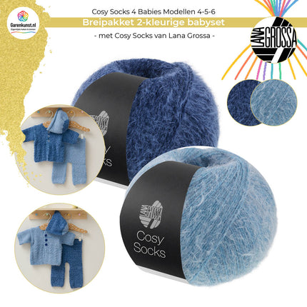 Bolletjes garen breipakket babysetje Cosy Socks 4 Babies van Lana Grossa in donkerblauw met duifblauw in beide kleurcombinaties