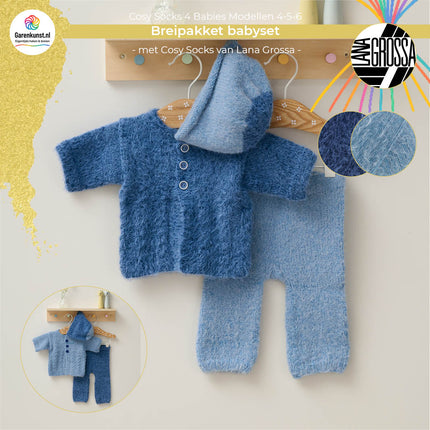 Breipakket babysetje Cosy Socks 4 Babies van Lana Grossa in donkerblauw met duifblauw