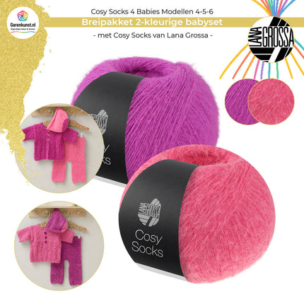 Bolletjes garen breipakket babysetje Cosy Socks 4 Babies van Lana Grossa in roze met fuchsia in beide kleurcombinaties