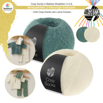 Bolletjes garen per kleur breipakket babysetje Cosy Socks 4 Babies van Lana Grossa in saliegroen met wit