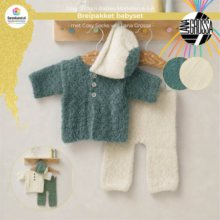 Breipakket babysetje Cosy Socks 4 Babies van Lana Grossa in saliegroen met wit