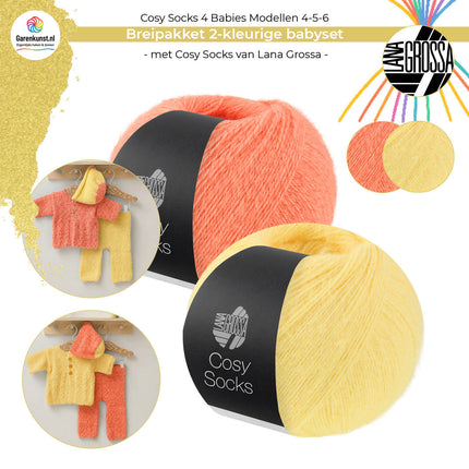 Bolletjes garen breipakket babysetje Cosy Socks 4 Babies van Lana Grossa in zalm met geel in beide kleurcombinaties
