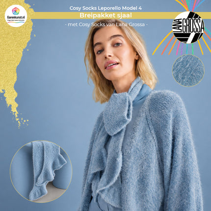 Breipakket sjaal met volant model 4 Cosy Socks Leporello van Lana Grossa in duifblauw