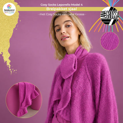Breipakket sjaal met volant model 4 Cosy Socks Leporello van Lana Grossa in fuchsia