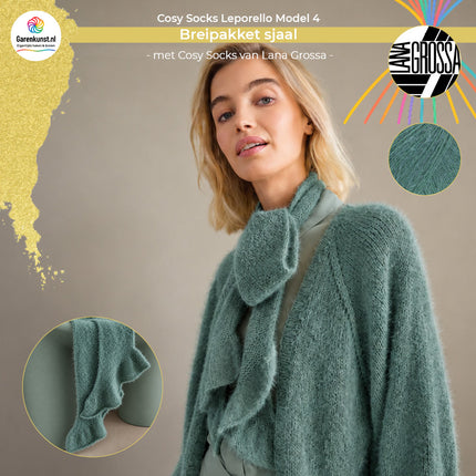 Breipakket sjaal met volant model 4 Cosy Socks Leporello van Lana Grossa in saliegroen