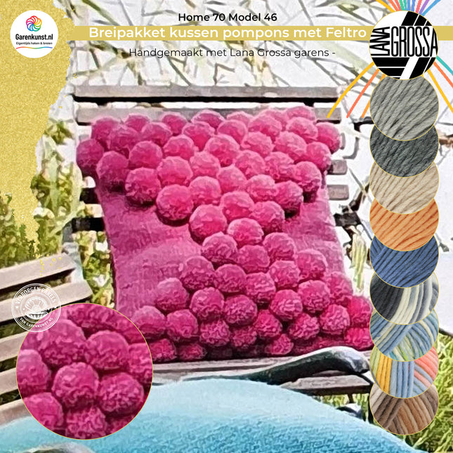 Breipakket kussen met Feltro pompons vanuit midden – Model 46 – Home 70  | Lana Grossa