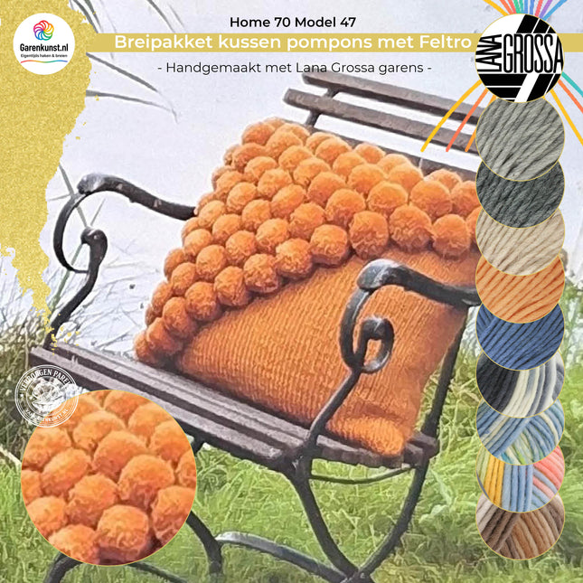 Breipakket kussen met Feltro pompons op één hoek  – Model 47 – Home 70 | Lana Grossa