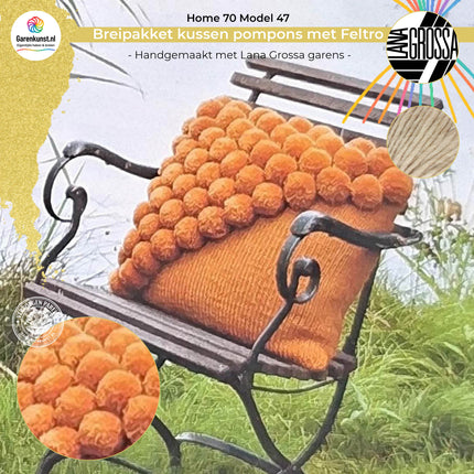 Breipakket kussen met Feltro pompons op één hoek  – Model 47 – Home 70 | Lana Grossa