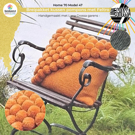 Breipakket kussen met Feltro pompons op één hoek  – Model 47 – Home 70 | Lana Grossa