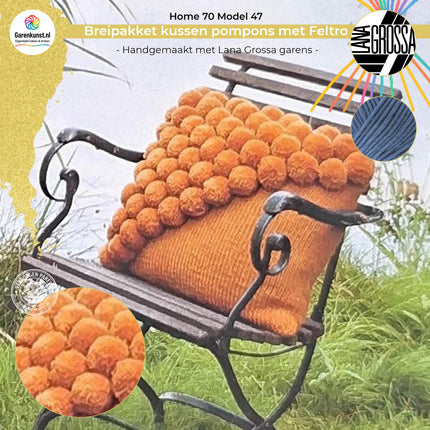 Breipakket kussen met Feltro pompons op één hoek  – Model 47 – Home 70 | Lana Grossa