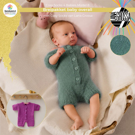 Breipakket babyoverall model 8 Cosy Socks 4 Babies van Lana Grossa in saliegroen