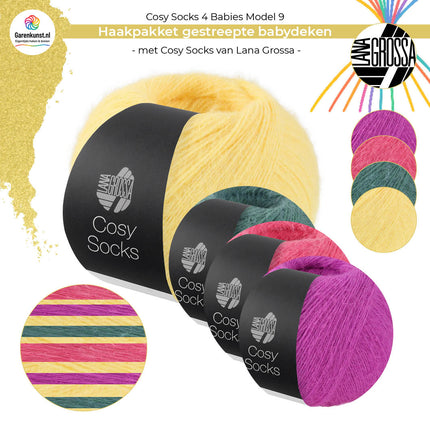 Haakpakket babydeken model 9 Cosy Socks 4 Babies van Lana Grossa in geel, saliegroen, roze en fuchsia met bolletjes