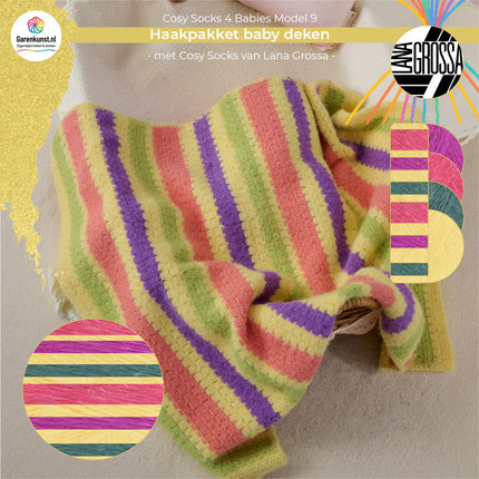 Haakpakket babydeken model 9 Cosy Socks 4 Babies van Lana Grossa in geel, saliegroen, roze en fuchsia