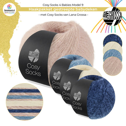 Haakpakket babydeken model 9 Cosy Socks 4 Babies van Lana Grossa in beige, duifblauw, wit en donkerblauw met alle bolletjes