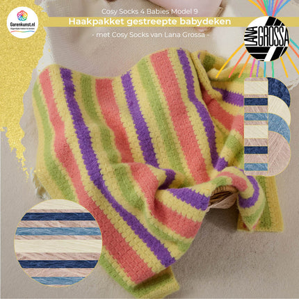 Haakpakket babydeken model 9 Cosy Socks 4 Babies van Lana Grossa in beige, duifblauw, wit en donkerblauw