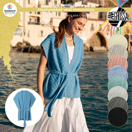 Garenkunst.nl, Haakpakket zomervest met Ecopuno Model 15 uit magazine Häkeln 09 van Lana Grossa. Elegant, zacht en moeiteloos stijlvol: dit zomervest met ceintuur is een verfijnd haakproject met een luxe uitstraling.