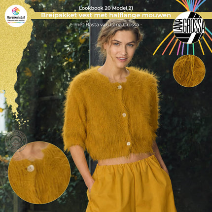 Breipakket vest met halflange mouwen Basta kleur mosterdgeel van Lana Grossa bij Garenkunst.nl, Model 21 uit Lookbook 20