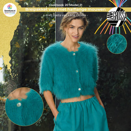 Breipakket vest met halflange mouwen Basta kleur petrol van Lana Grossa bij Garenkunst.nl, Model 21 uit Lookbook 20