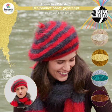 Breipakket gestreepte baret Basta van Lana Grossa bij Garenkunst.nl, Model 31 uit Accessoires 23, Verborgen Parel, met eigen kleurcombinaties.