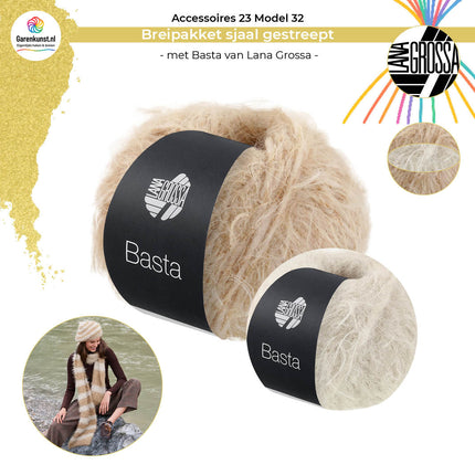 Breipakket gestreepte sjaal Basta van Lana Grossa bij Garenkunst.nl, Model 32 uit Accessoires 23, Verborgen Parel, beige gestreept met bolletjes in kleur.