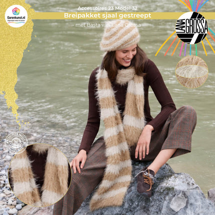 Breipakket gestreepte sjaal Basta van Lana Grossa bij Garenkunst.nl, Model 32 uit Accessoires 23, Verborgen Parel, Beige gestreept
