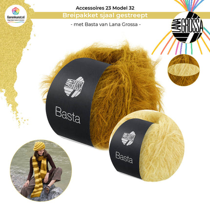 Breipakket gestreepte sjaal Basta van Lana Grossa bij Garenkunst.nl, Model 32 uit Accessoires 23, Verborgen Parel, mosterdgeel, vanille, gestreept met bolletjes in kleur.
