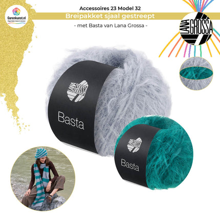 Breipakket gestreepte sjaal Basta van Lana Grossa bij Garenkunst.nl, Model 32 uit Accessoires 23, Verborgen Parel, Zilvergrijs gestreept met Petrol, bolletjes in kleur.