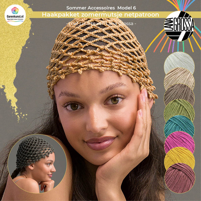 Haakpakket muts netpatroon Linarte van Lana Grossa bij Garenkunst.nl, Model 6 uit Sommer Accessoires, met alle beschikbare kleuropties